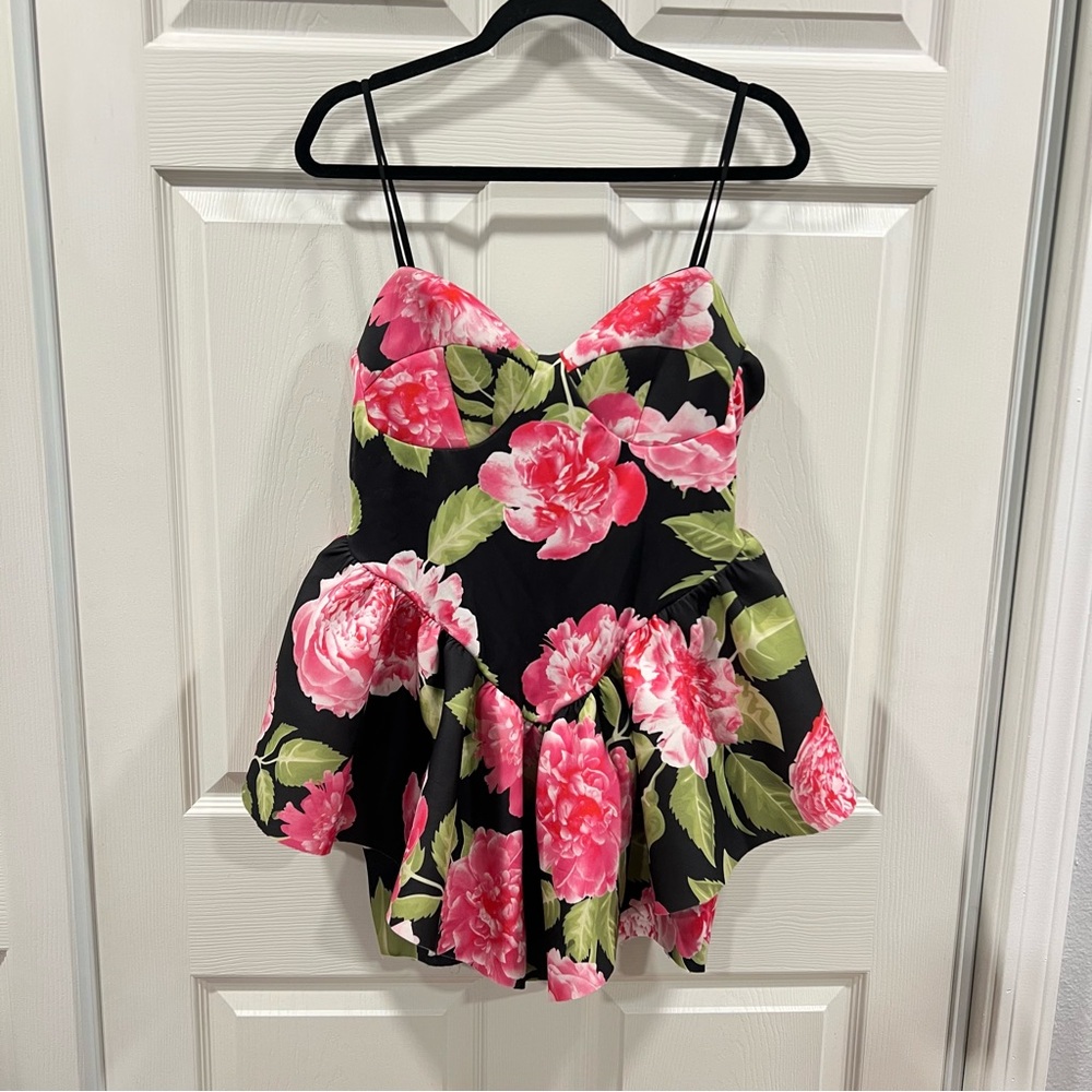 ASOS Floral Print Peplum Mini Dress Black & Pink Size 10 Sweetheart Neckline